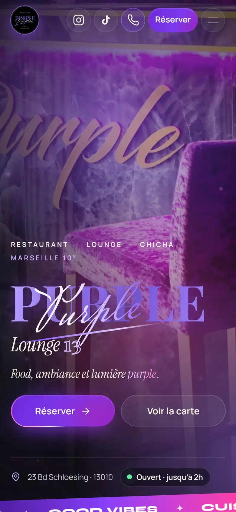 Page d’accueil de Purple Lounge, version mobile